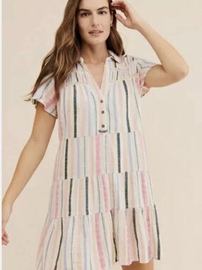 Anthropologie - Georgina tiered shirt dress Pink and Cream StripedDress